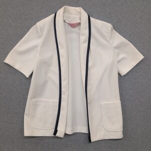 Vintage Jack Winter Womens White Short Sleeve Open Front Blazer Jacket Navy Trim